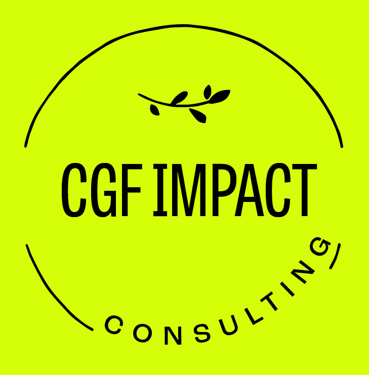 A circular logo containing the words CGF Impact Consulting. A leaf represents sustainable mission-driven impact organizations that CGF represents. The circle represents the holistic 360 degree approach to CGF's management consulting philosophy.